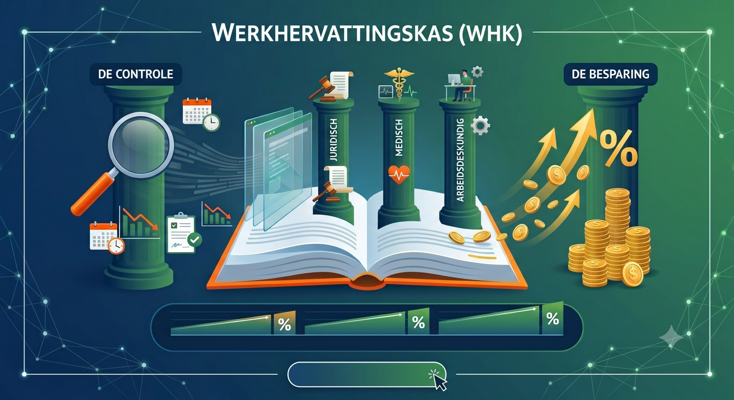 Een professionele, geanimeerde infographic ter illustratie van een Werkhervattingskas (WHK) controle, die de verschillende processen en besparingen visualiseert.