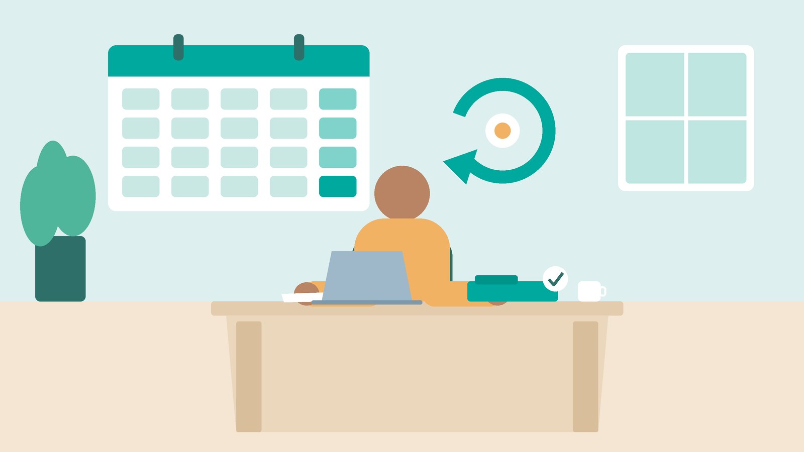 Persoon aan een bureau met een kalender van vijf jaar en een terugkerende pijl als symbool voor herleving van een WIA-uitkering na opnieuw ziek worden