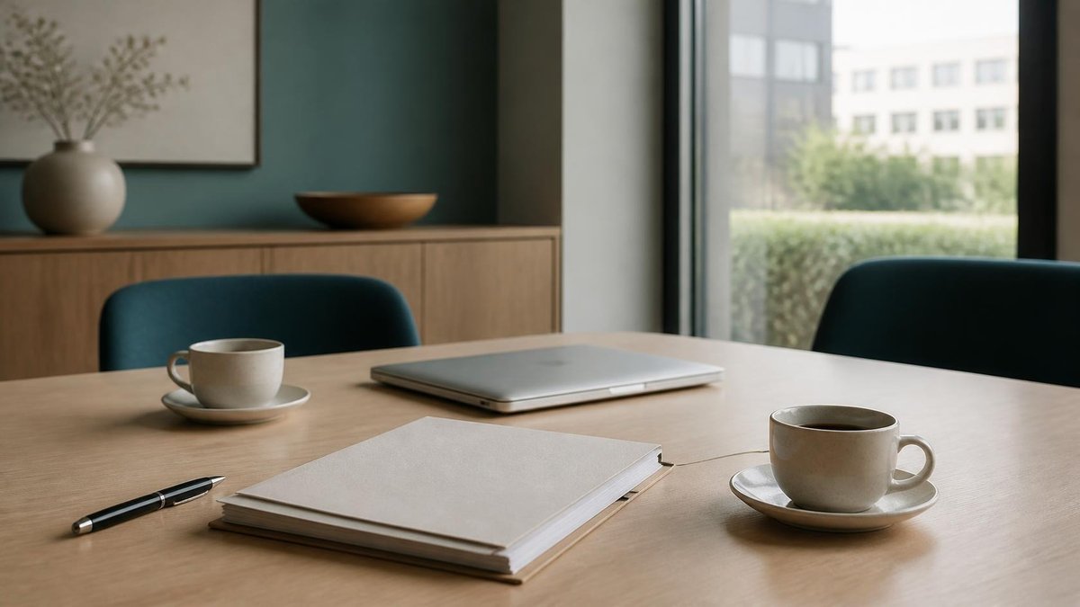 Rustige vergadertafel met een gesloten map, laptop en twee koppen koffie, als beeld voor het gesprek over een bezwaar tegen een WIA-beslissing