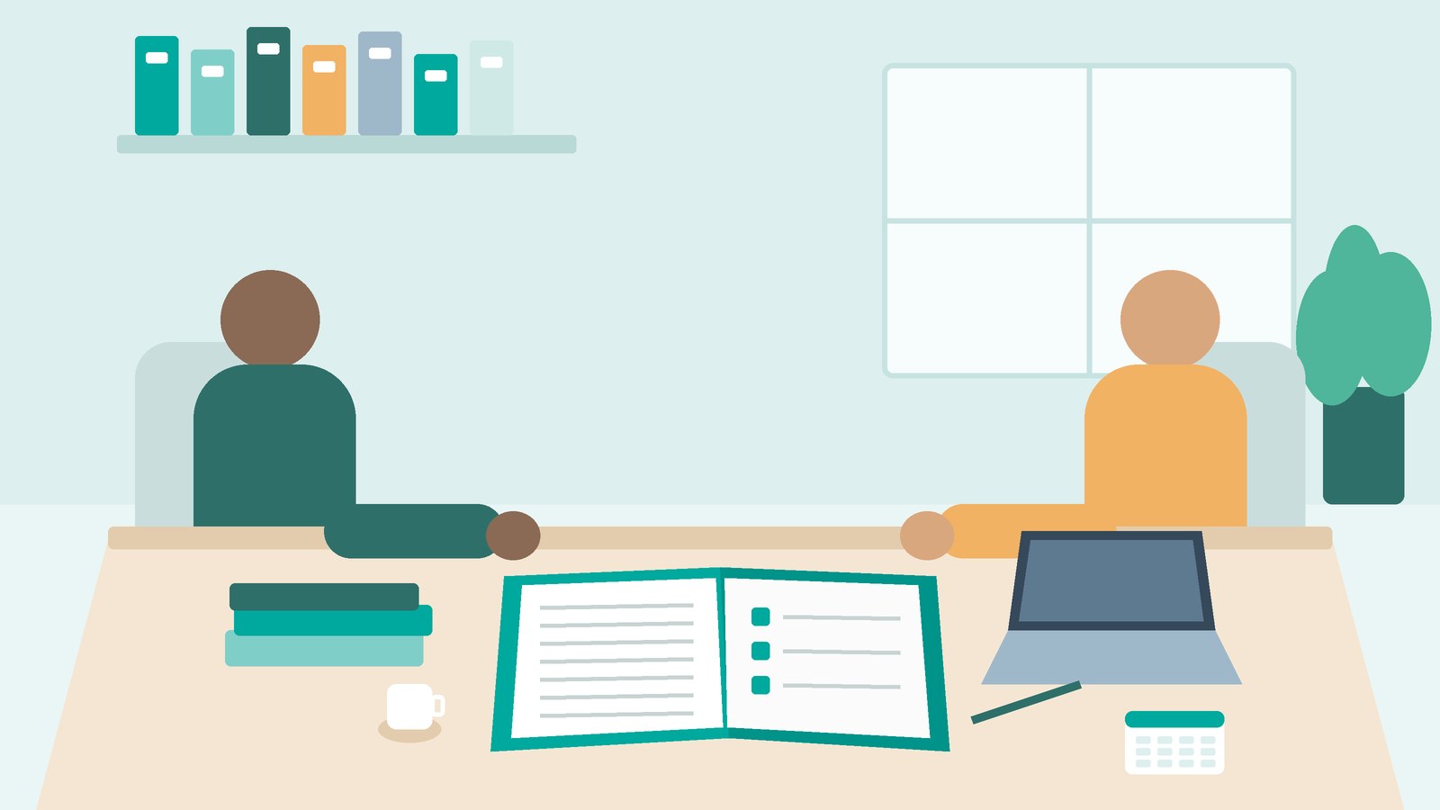 Werkgever en casemanager aan tafel met een verzuimdossier en planning, als illustratie bij de zes scenario’s voor loondoorbetaling bij ziekte