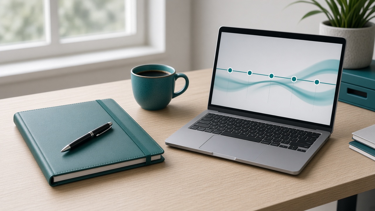 Bureau met dossiermap en laptop met tijdlijn: het proces van loonsanctie naar bekorting en beroep